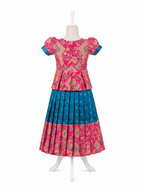 Traditional blue and pink silk parkar polka dress for girls with brocade work - House of Kritee