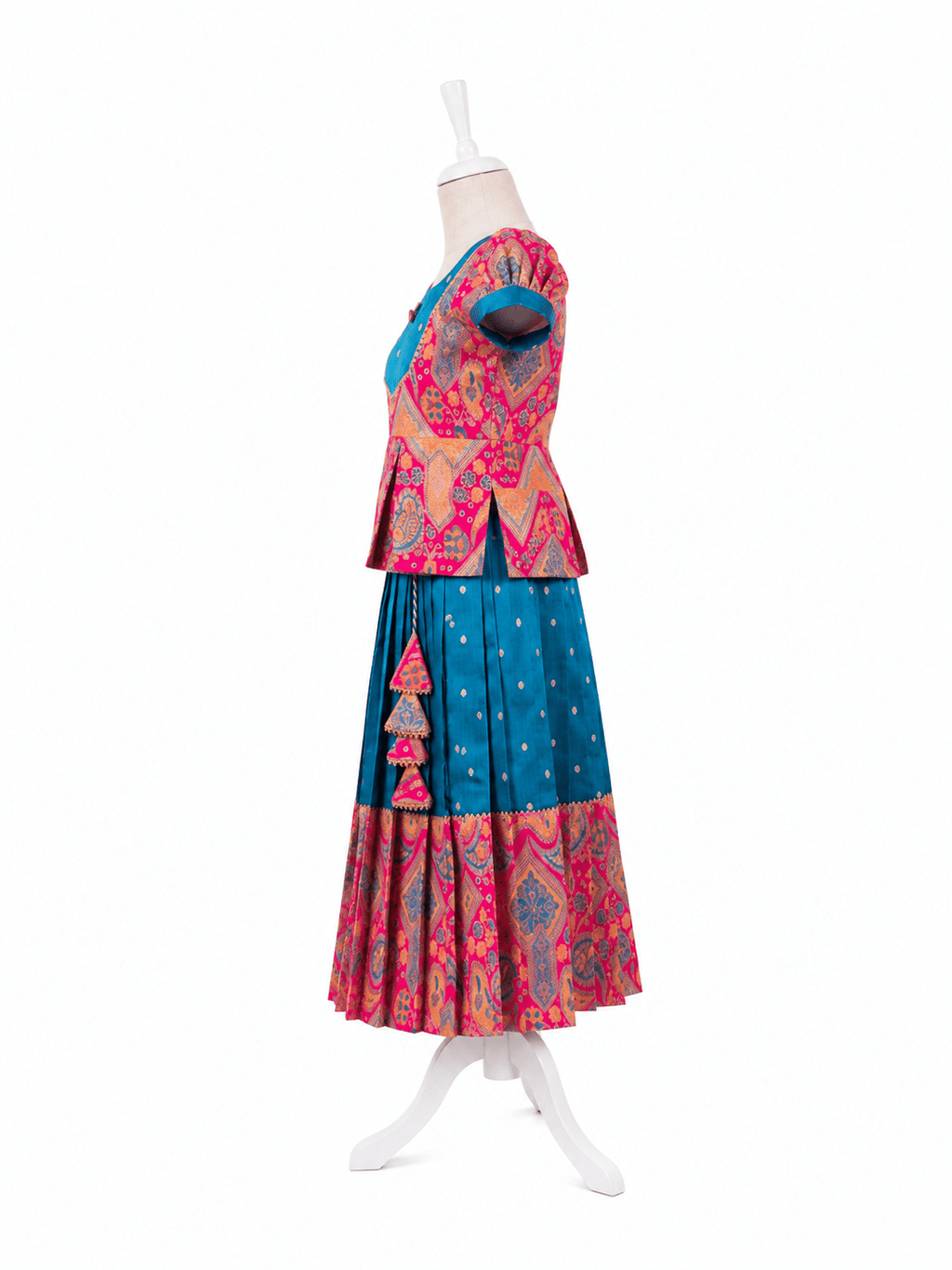 Traditional blue and pink silk parkar polka dress for girls with brocade work - House of Kritee