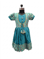 Girls Ethnic Silk Frock | Festive Teal Pleated Dress