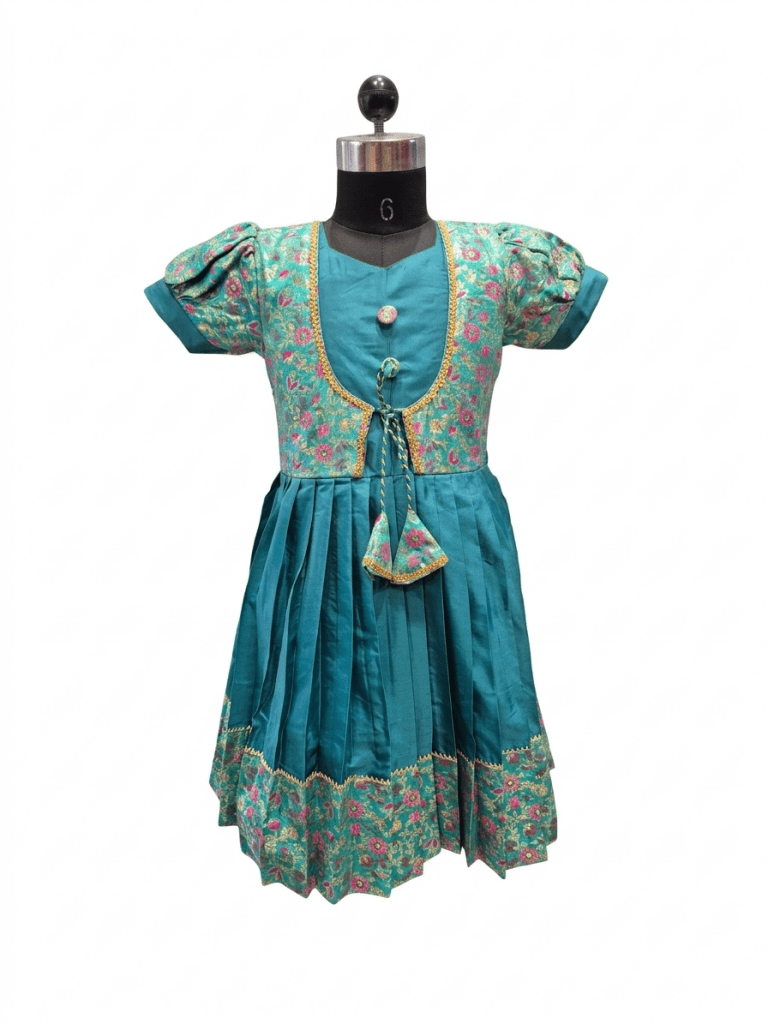 Girls Ethnic Silk Frock | Festive Teal Pleated Dress