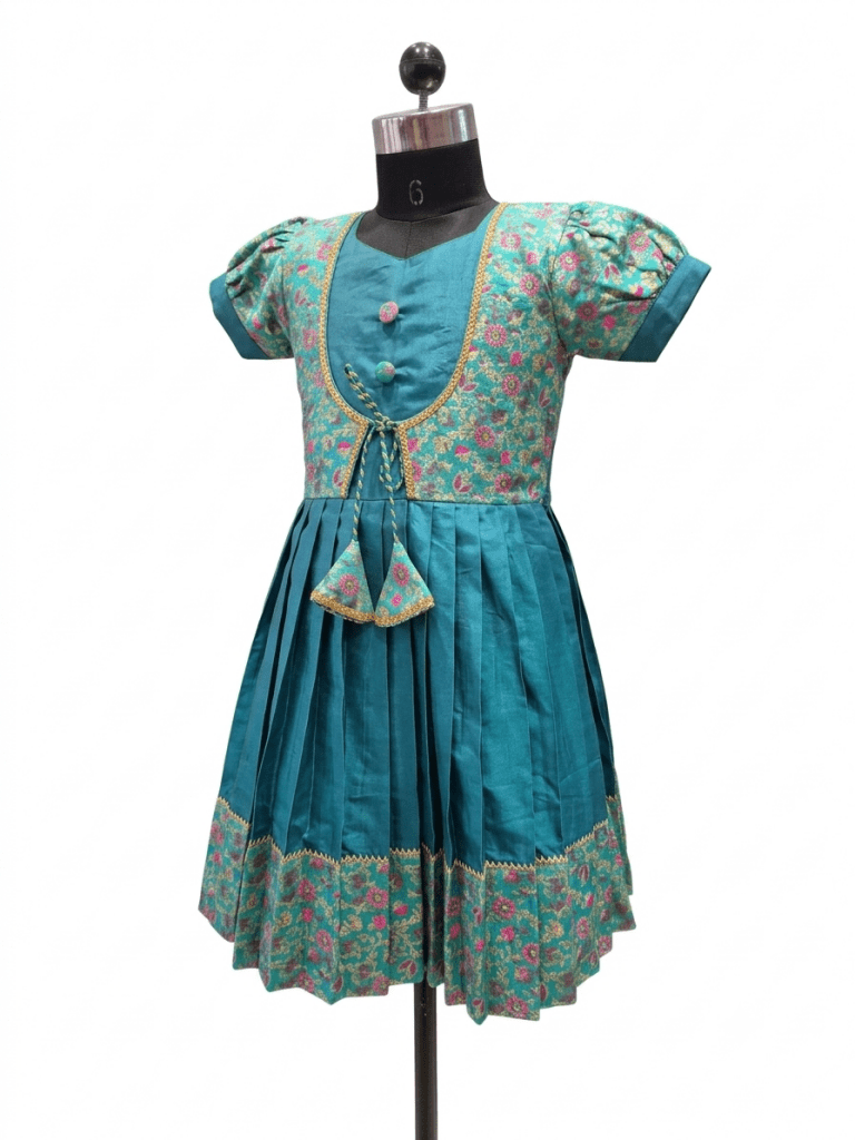 Girls Ethnic Silk Frock | Festive Teal Pleated Dress