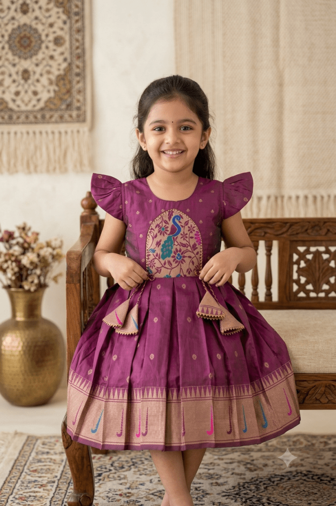 Young Desi girl wearing a happy purple silk ethnic frock with gold zari border and peacock motif