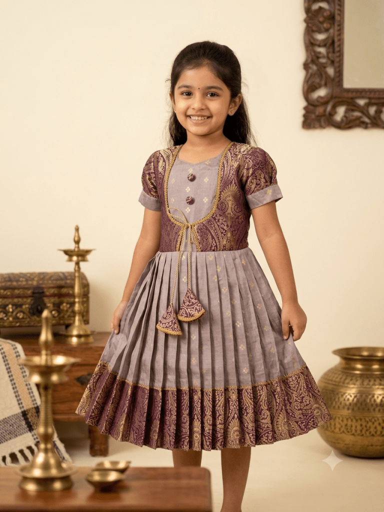Girl model wearing ethnic jacket style silk frock with traditional golden zari border and tassels