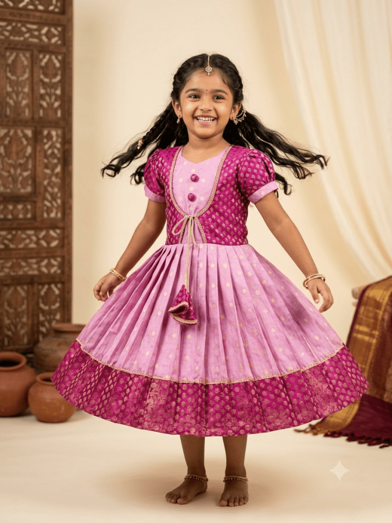 Girls Vibrant Dual-Tone Ethnic Silk Frock - House of Kritee