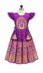 Girls Purple Knee-Length Ethnic Silk Frock - House of Kritee