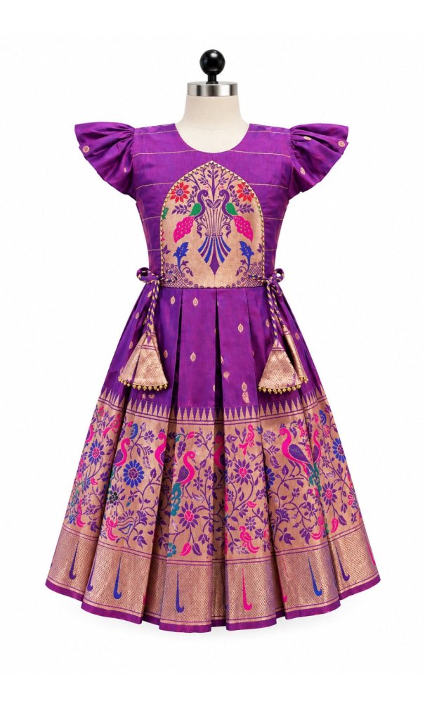Girls Purple Knee-Length Ethnic Silk Frock - House of Kritee
