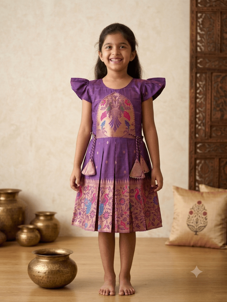 Girls Purple Knee-Length Ethnic Silk Frock - House of Kritee