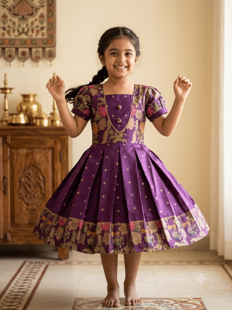 Young Indian girl smiling in a royal purple ethnic silk frock with floral brocade and gold zari details