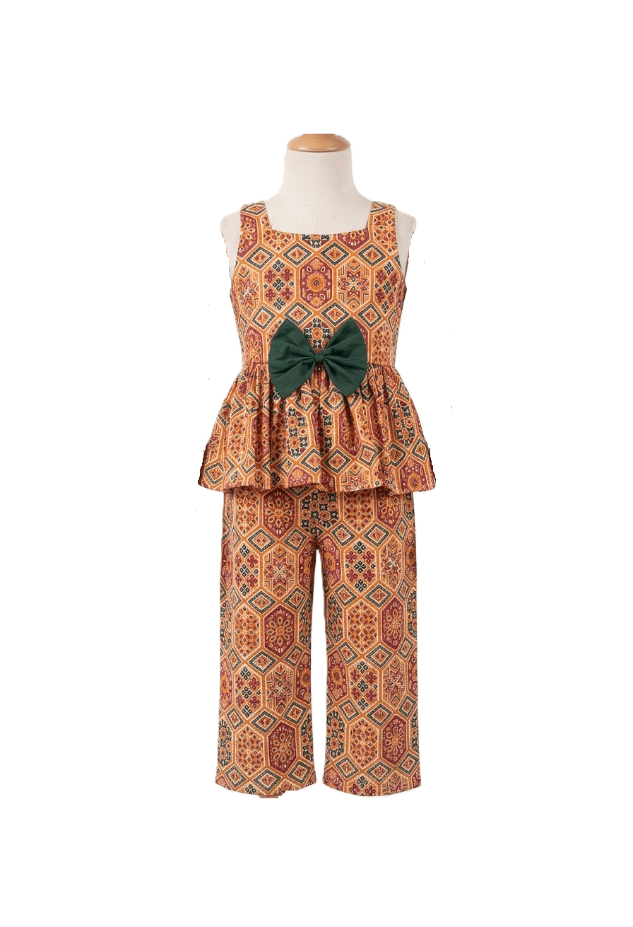 Patterned top and pants set on a mannequin against a white background