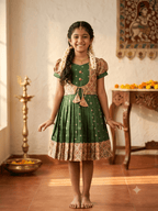 Girls Green & Beige Silk Ethnic Frock - House of Kritee