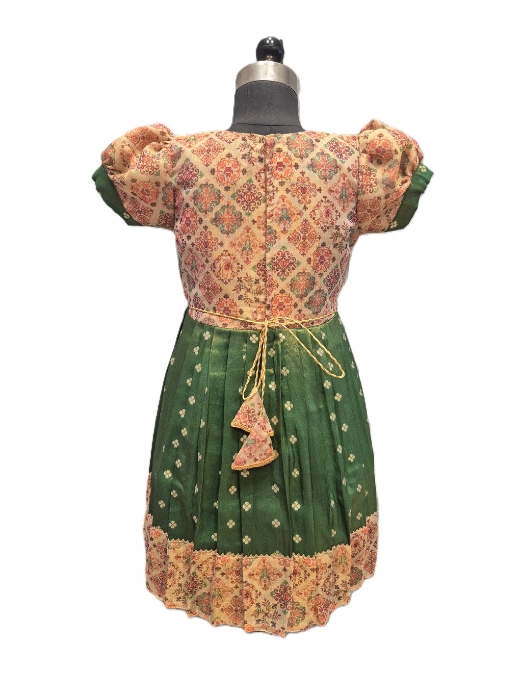 Girls Green & Beige Silk Ethnic Frock - House of Kritee