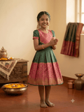 Girls Green & Pink Silk Traditional Frock - House of Kritee