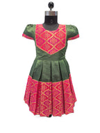 Girls Green & Pink Silk Traditional Frock - House of Kritee