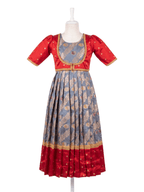 Traditional grey and red silk one piece dress for girls with gold zari brocade work - House of Kritee