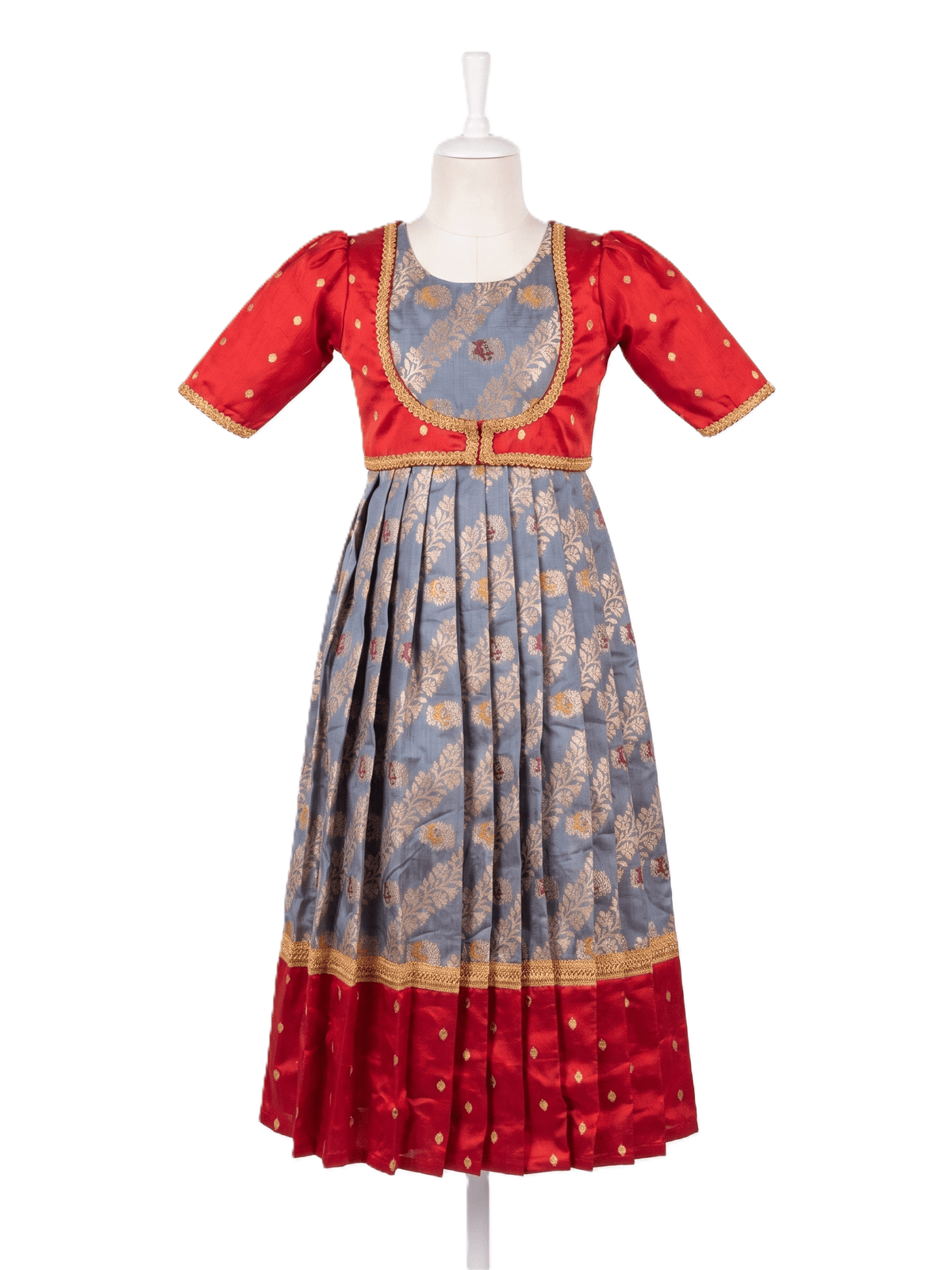 Traditional grey and red silk one piece dress for girls with gold zari brocade work - House of Kritee