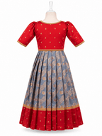 Traditional grey and red silk one piece dress for girls with gold zari brocade work - House of Kritee