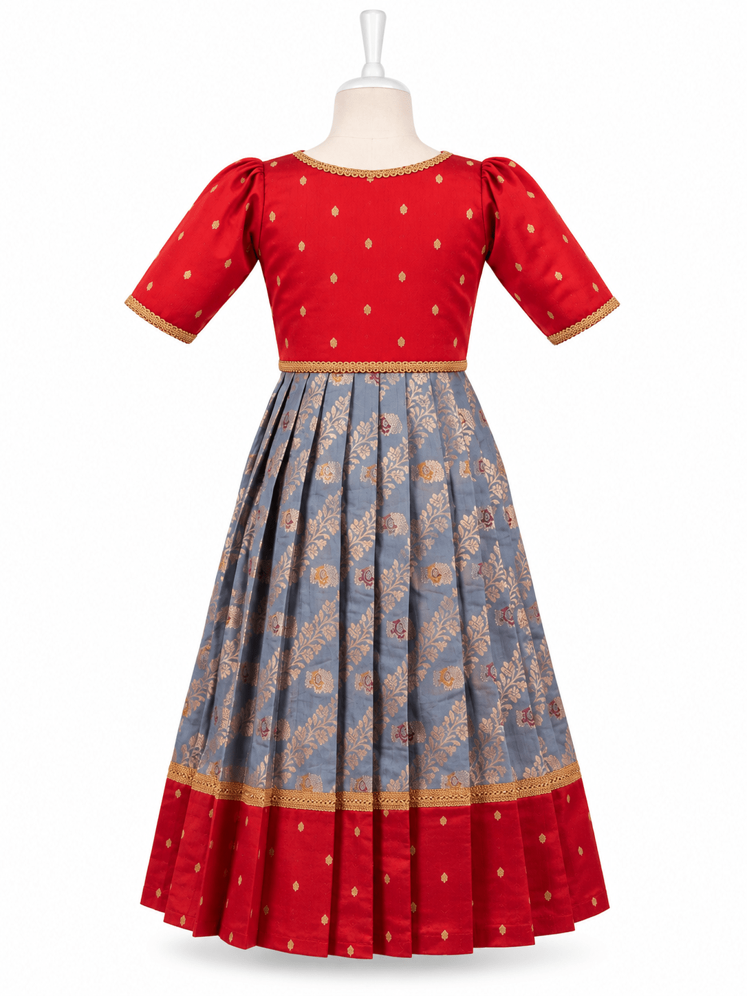 Traditional grey and red silk one piece dress for girls with gold zari brocade work - House of Kritee