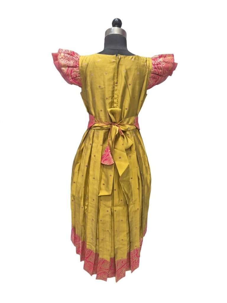 Girls Charming Mustard Yellow High-Low Silk Frock - House of Kritee