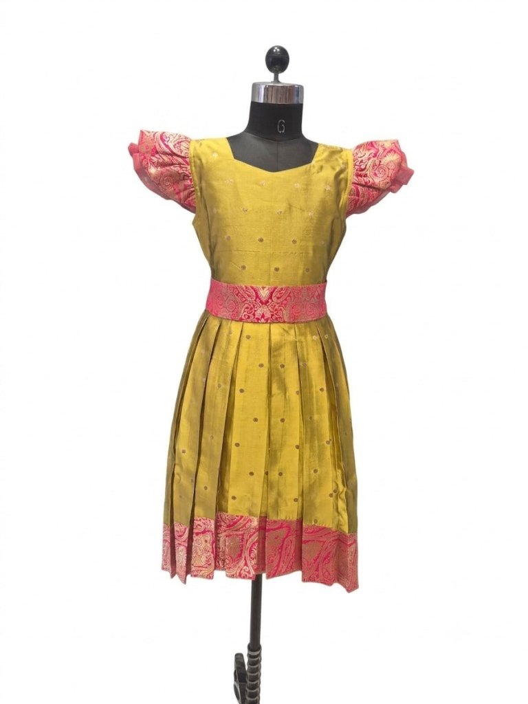 Girls Charming Mustard Yellow High-Low Silk Frock - House of Kritee