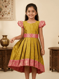 Girls Charming Mustard Yellow High-Low Silk Frock - House of Kritee