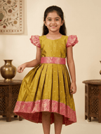 Girls Charming Mustard Yellow High-Low Silk Frock - House of Kritee