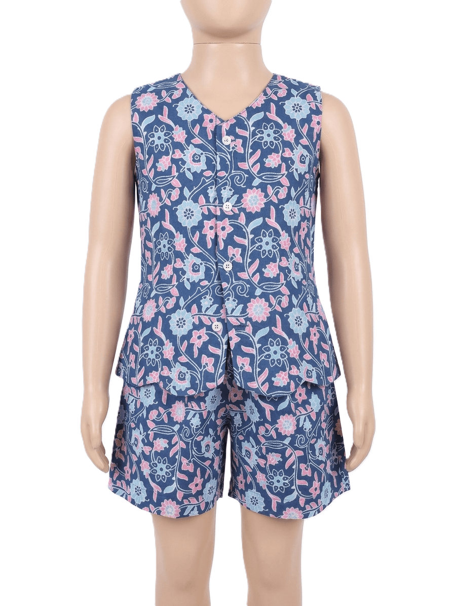 Girls blue cotton co-ord set with sleeveless printed crop top and matching shorts