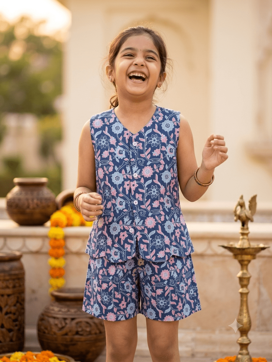 Happy Desi digital girl smiling in a premium blue and pink floral print cotton waistcoat and shorts co-ord set against a blurred warm cream garden backdrop.