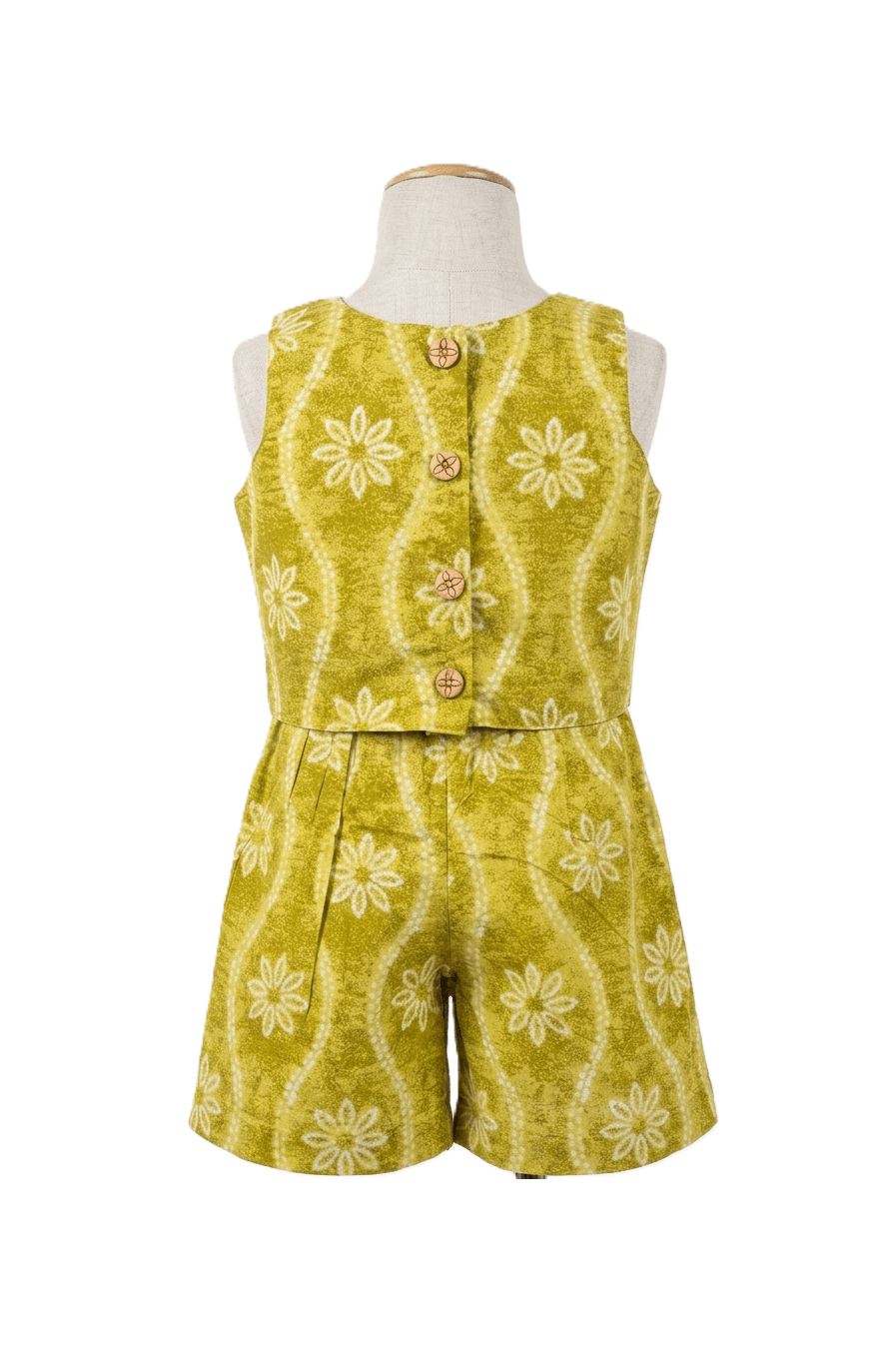 Girls lime green cotton co-ord set with sleeveless printed crop top and flared wide leg shorts
