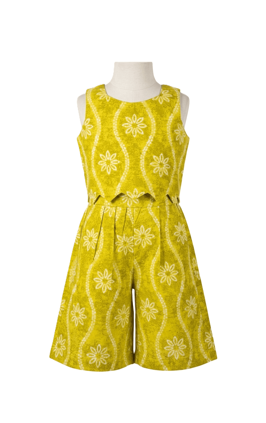 Girls lime green cotton co-ord set with sleeveless printed crop top and flared wide leg shorts