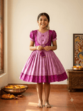 Traditional magenta and lilac silk knee length frock for girls with tassels - House of Kritee