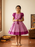Traditional magenta and lilac silk knee length frock for girls with tassels - House of Kritee