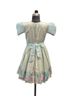 Traditional mint green and sky blue silk knee length frock for girls with floral embroidery - House of Kritee
