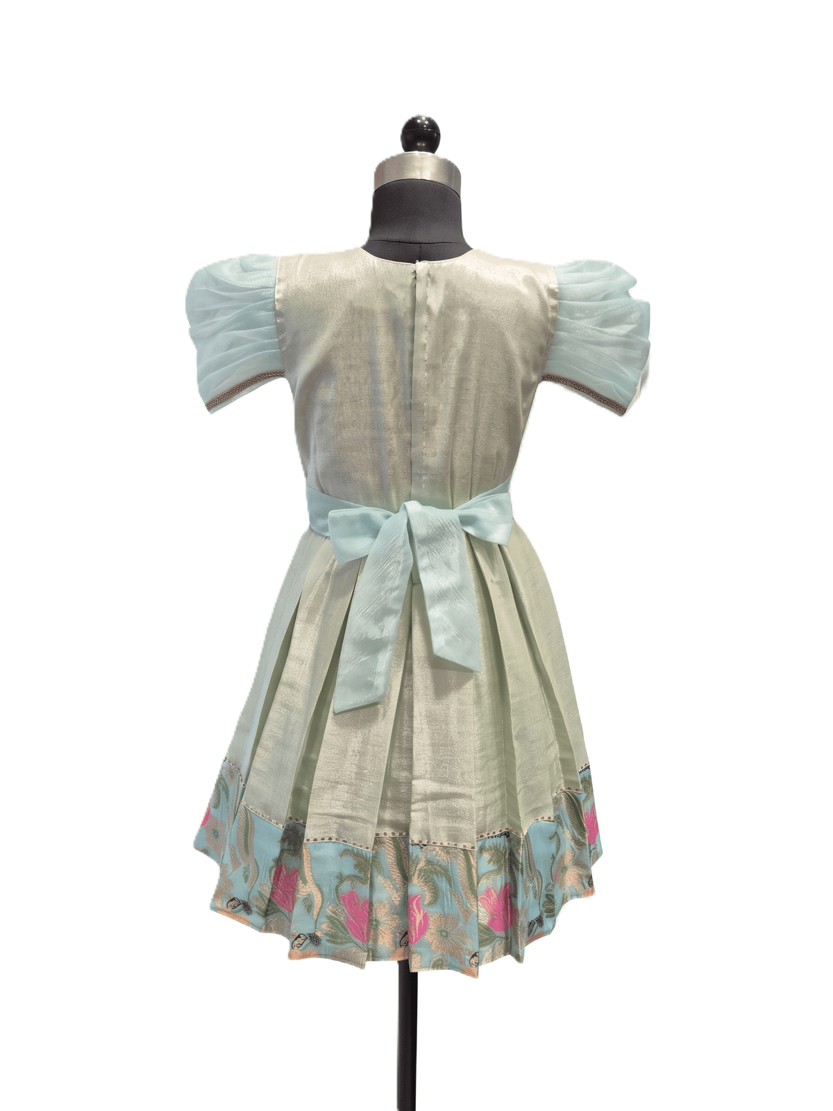 Traditional mint green and sky blue silk knee length frock for girls with floral embroidery - House of Kritee