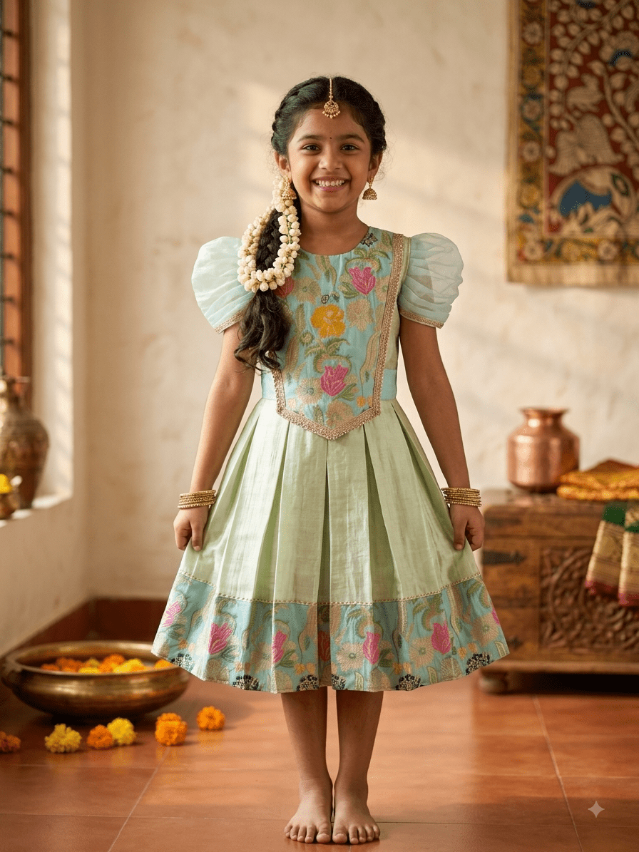 Traditional mint green and sky blue silk knee length frock for girls with floral embroidery - House of Kritee