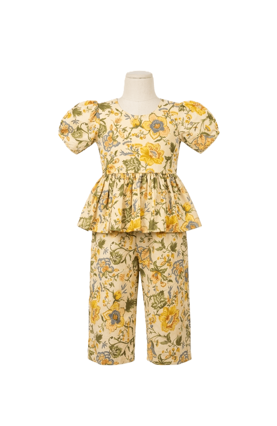 Floral two-piece outfit on a mannequin against a white background