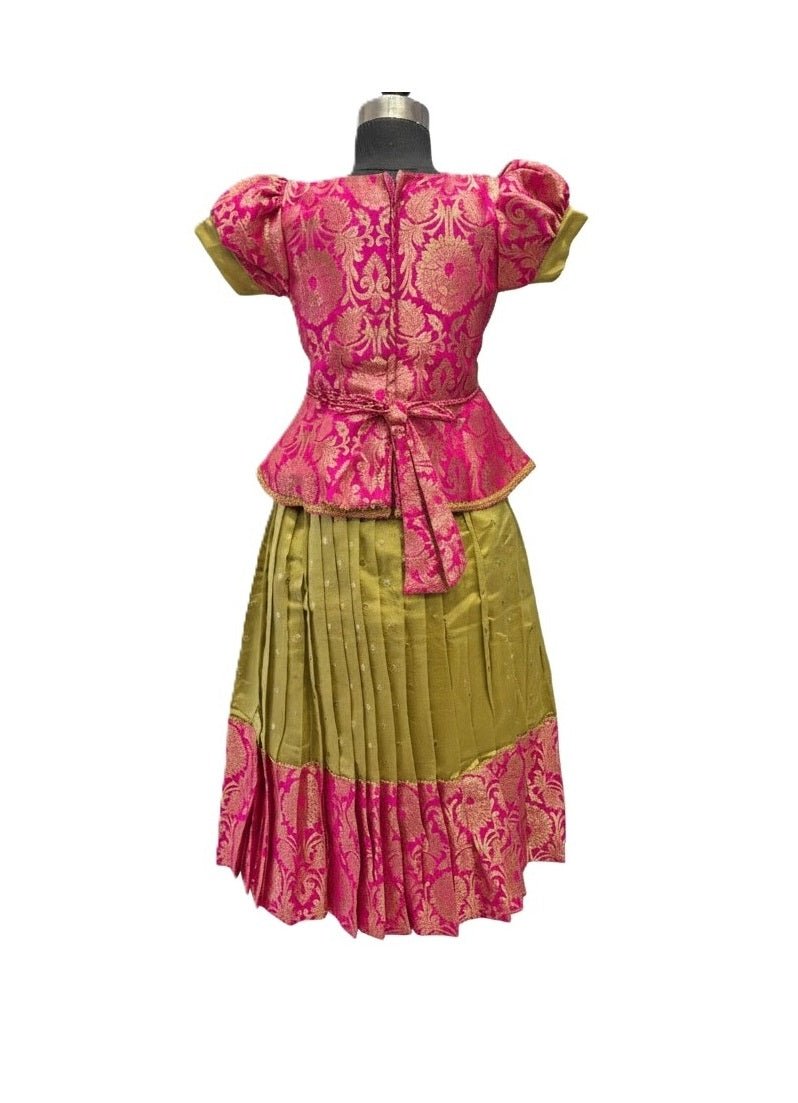 Girls' Mustard Yellow & Hot Pink Silk Peplum Lehenga