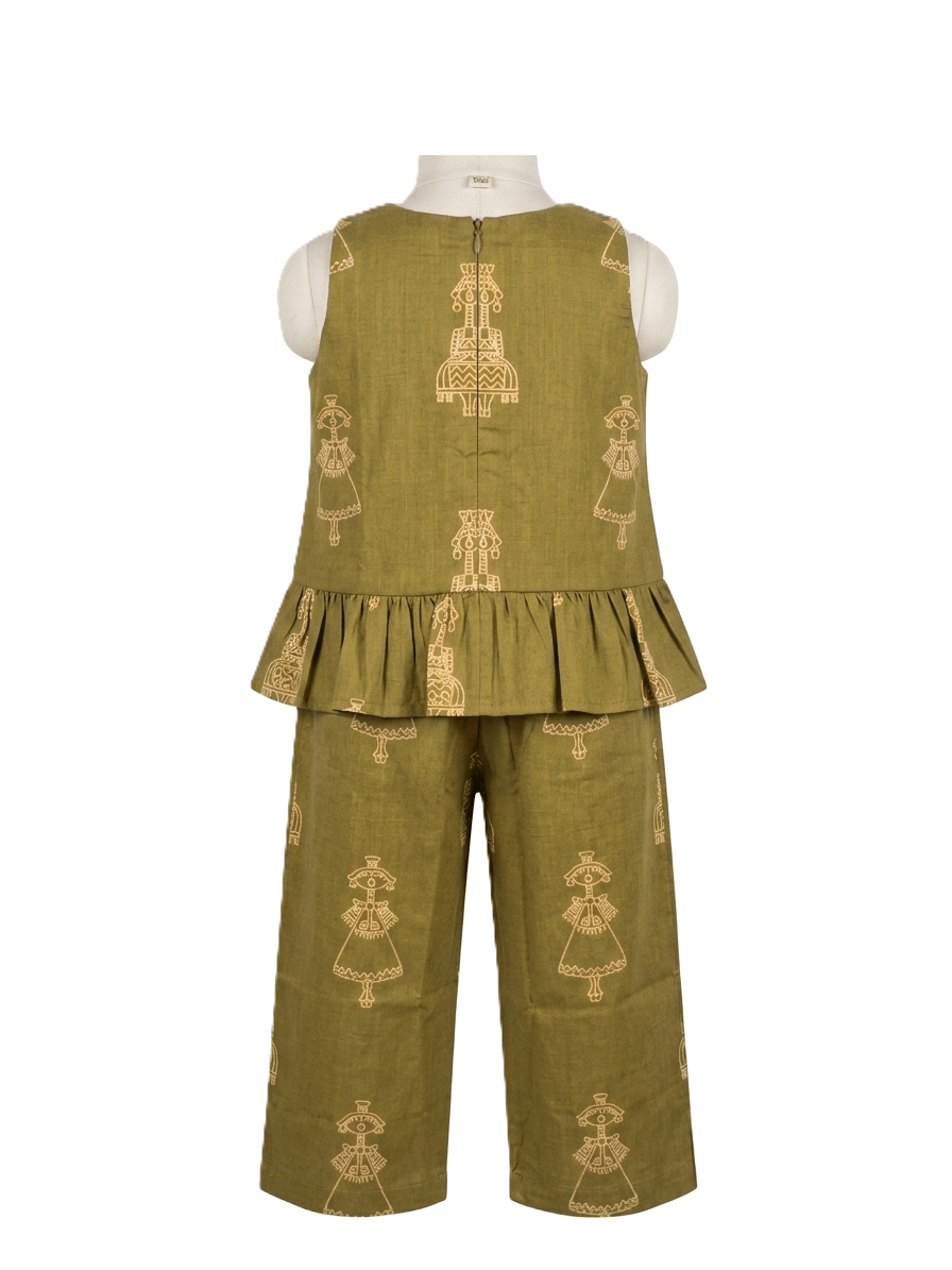 Green embroidered outfit on a white background
