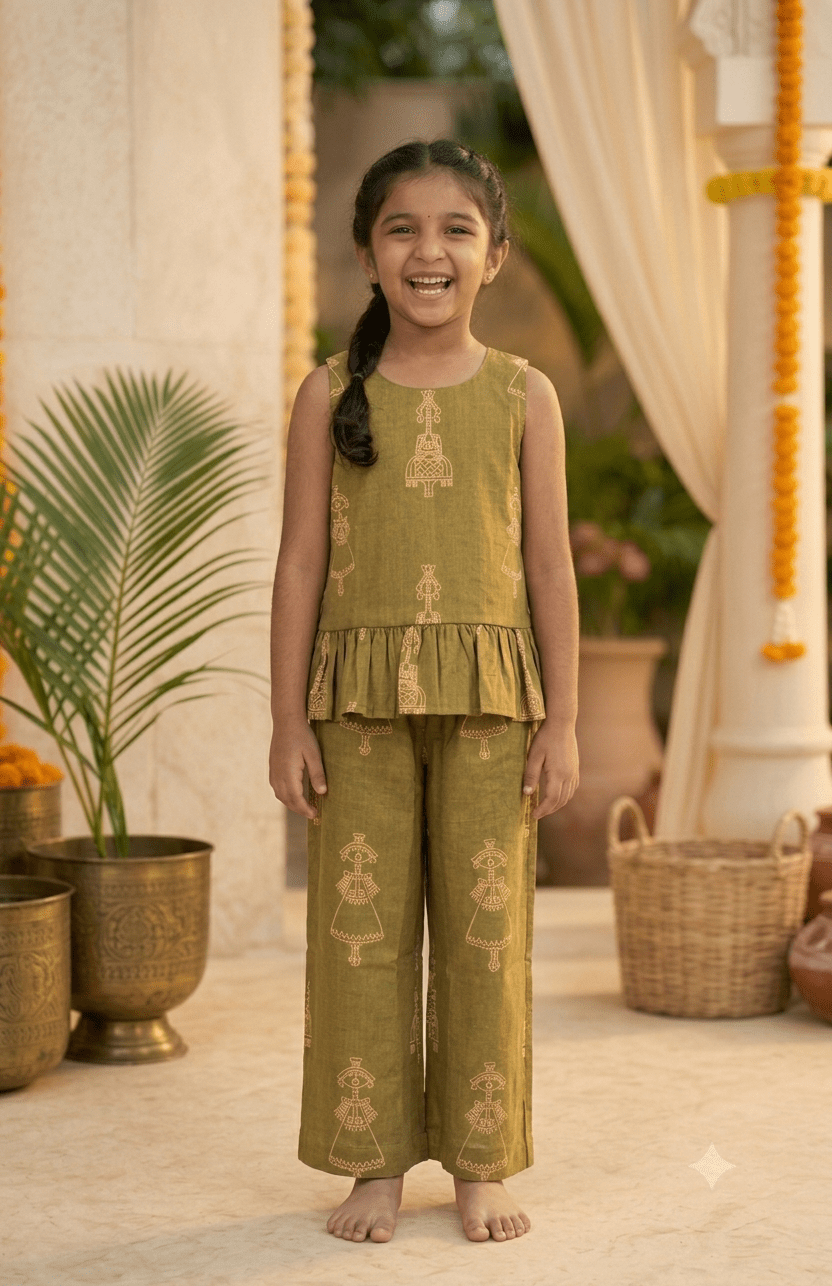 Happy Desi digital girl smiling in a premium olive green cotton co-ord set featuring cream traditional puppet print peplum top and trousers in a soft cream garden background
