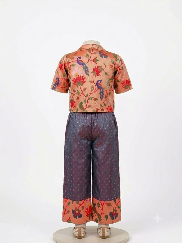  Girls' purple crop top, pants, and peacock print Paithani jacket festive outfit