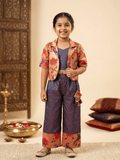  Girls' purple crop top, pants, and peacock print Paithani jacket festive outfit