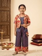  Girls' purple crop top, pants, and peacock print Paithani jacket festive outfit
