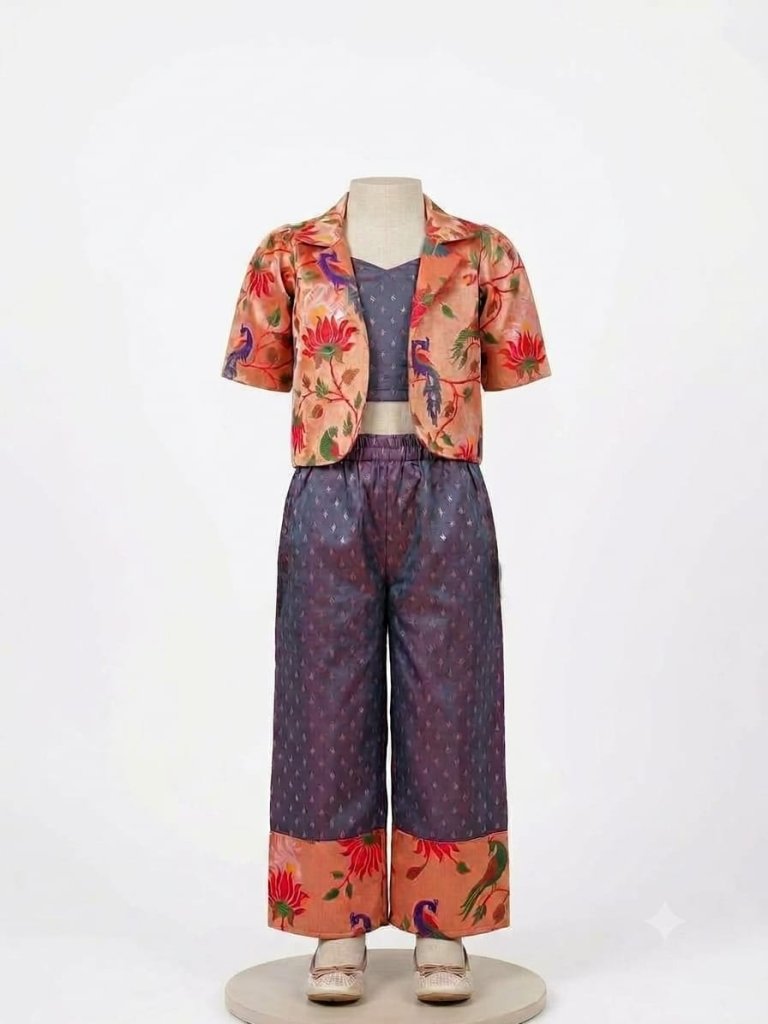  Girls' purple crop top, pants, and peacock print Paithani jacket festive outfit