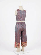  Girls' purple crop top, pants, and peacock print Paithani jacket festive outfit
