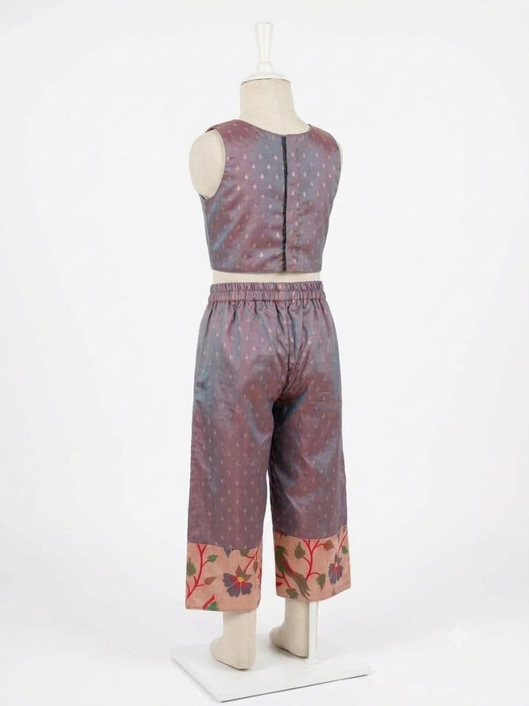  Girls' purple crop top, pants, and peacock print Paithani jacket festive outfit
