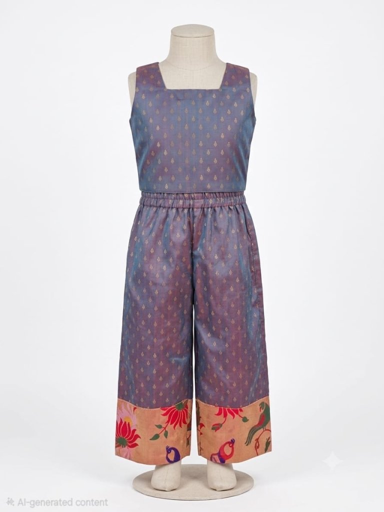  Girls' purple crop top, pants, and peacock print Paithani jacket festive outfit