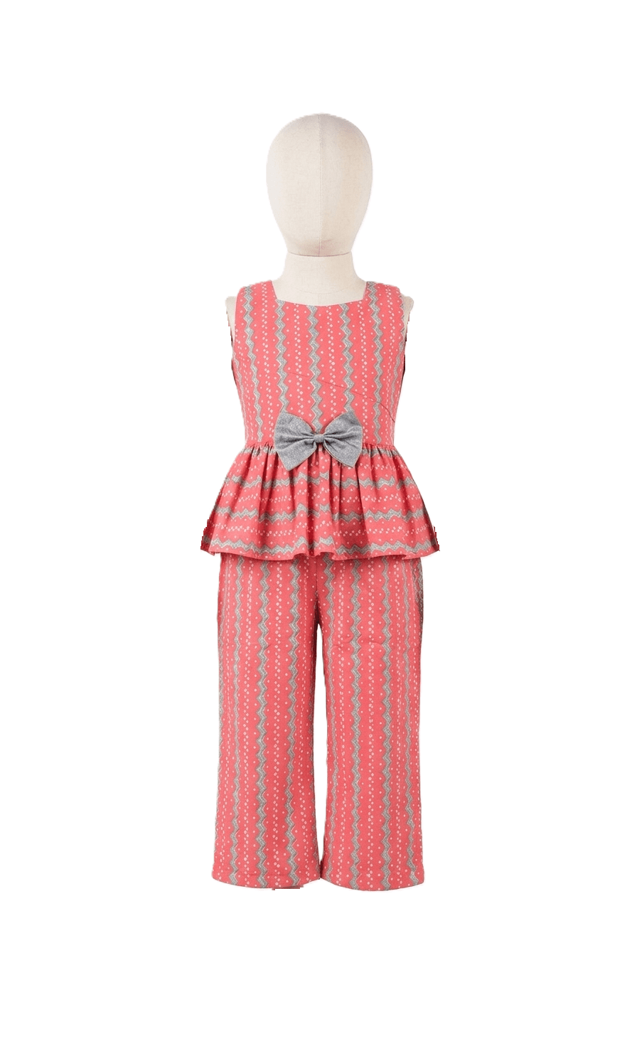 Red patterned outfit with a peplum top and wide-leg pants on a mannequin against a white background