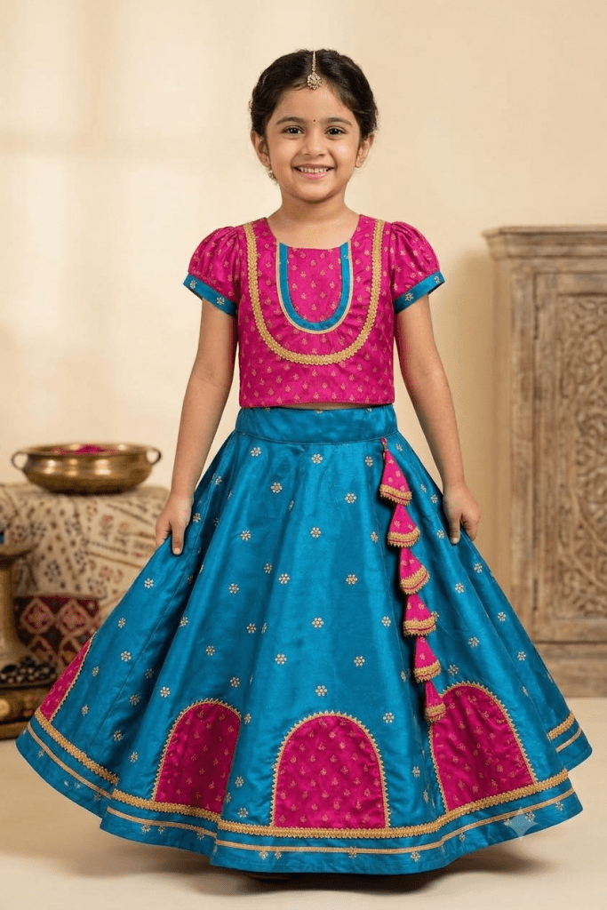Young girl smiling in a pink magenta choli and teal blue lehenga set with gold embroidery