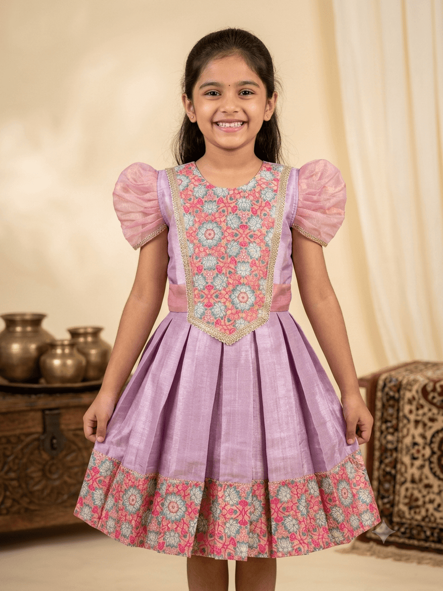 Happy Desi girl model wearing a soft lilac pink silk knee length frock with organza puff sleeves - House of Kritee