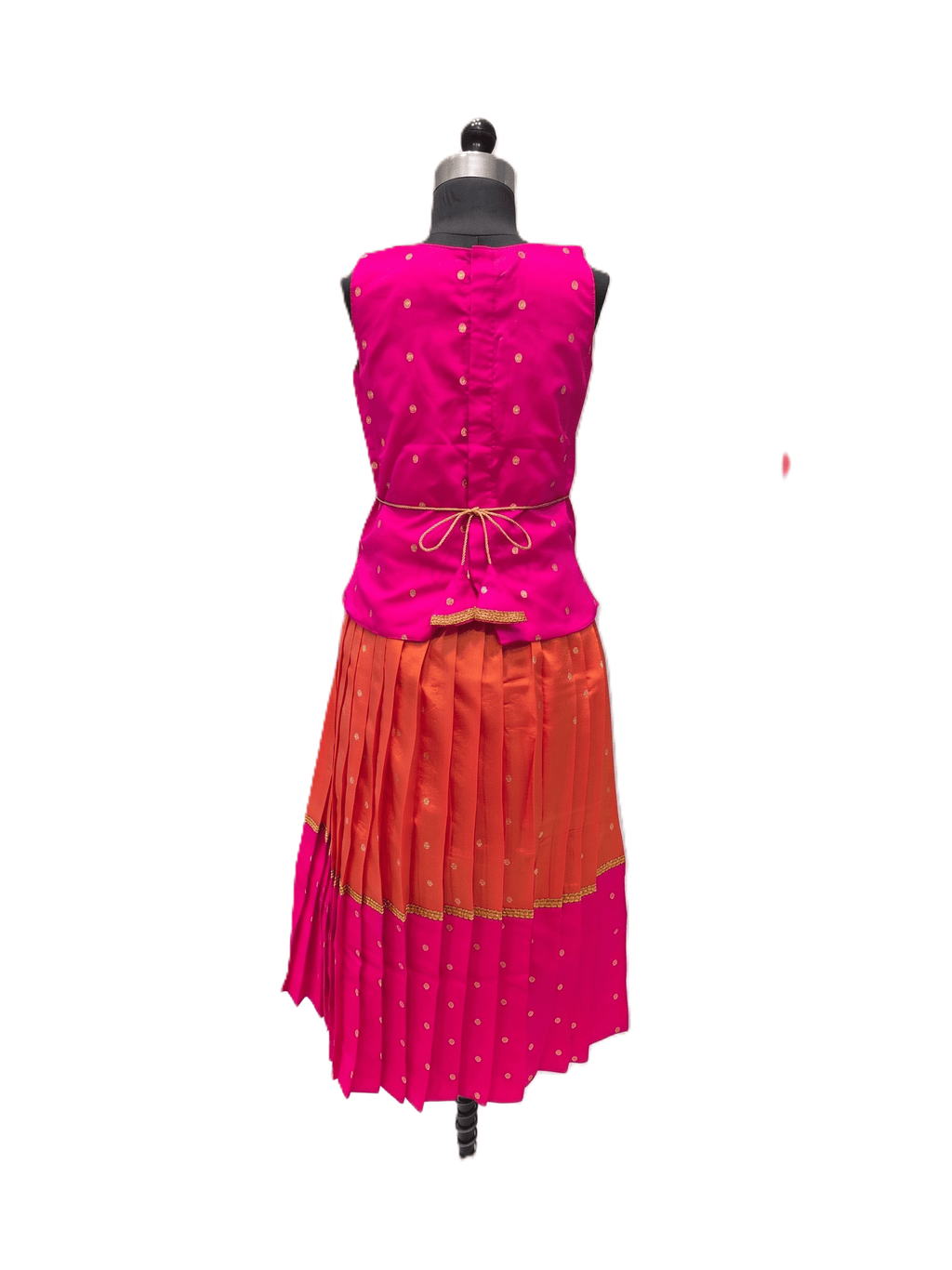Traditional pink and orange silk parkar polka dress for girls with gold zari work - House of Kritee