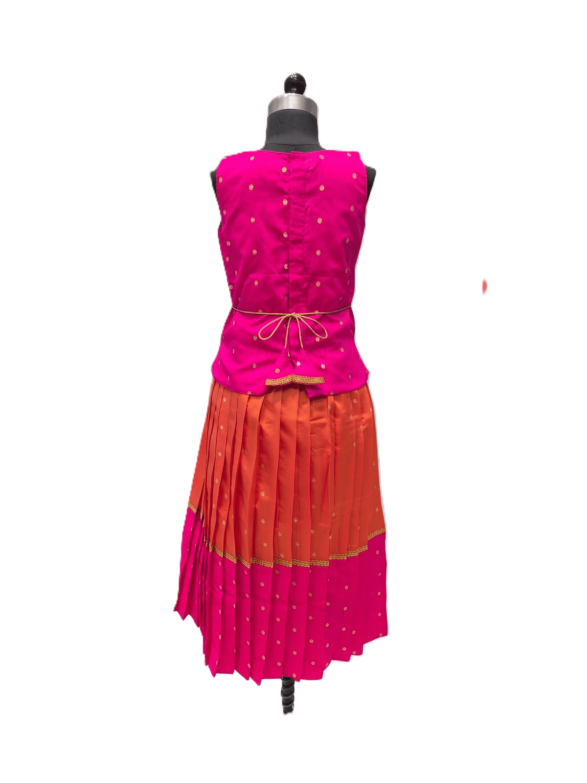 Traditional pink and orange silk parkar polka dress for girls with gold zari work - House of Kritee
